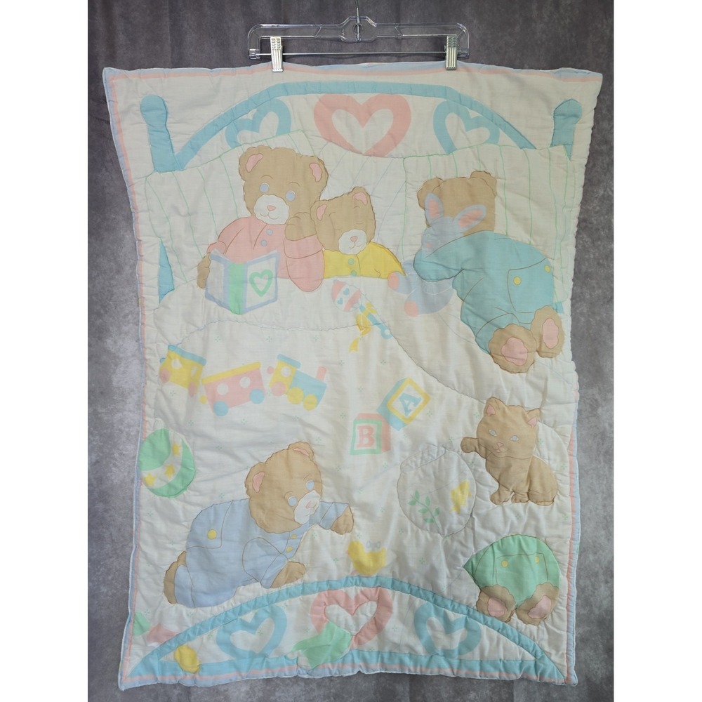 Baby Quilt Blanket Teddy Bears ABC Blocks Pastel Nursery Crib Blanket VTG